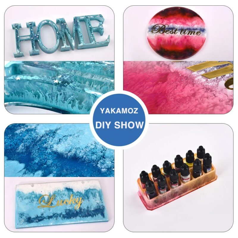 Epoxy resin crafts, DIY projects, various colors, and resin supplies.