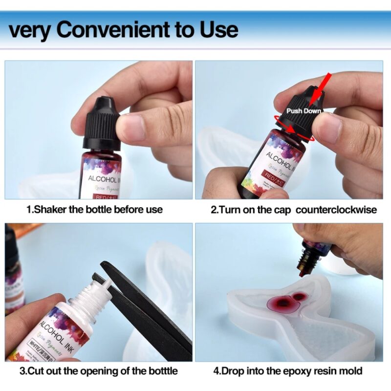 Step-by-step guide for using alcohol inks in epoxy resin molds.  Four images show shaking, opening, cutting, and adding ink.