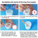 Step-by-step guide to mixing resin without bubbles or swirls.  Mixing ratio, stirring techniques, and timing.