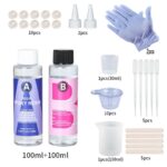 Epoxy resin kit with 2 bottles, measuring cups, pipettes, gloves, and stirring tools.