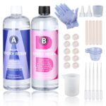 Epoxy resin kit with resin and hardener, gloves, measuring cups, spatulas, and droppers.