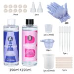 Epoxy resin kit with hardener, measuring cups, droppers, gloves, and applicator sticks.  250ml+250ml resin.
