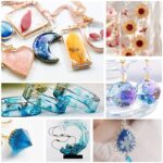 Resin crafts, including jewelry, phone cases, earrings, rings, and sculptures.  Various colors and styles.