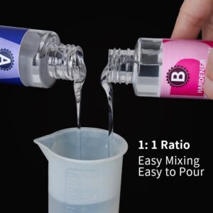 Resin mixing, 1:1 ratio, easy pour, clear liquids A & B.