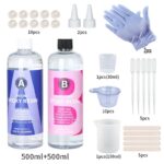 Epoxy resin kit with resin, hardener, measuring cups, dispensing tools, gloves, and stirring sticks.  Contains 500ml+500ml resin, measuring cups, dispensing tools, gloves, and mixing sticks.