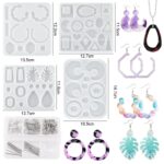 Silicone mold kit for resin earrings and jewelry, various shapes, sizes, and styles.  Includes earring hooks, findings, and finished earring examples.