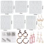 Silicone earring molds, various shapes & sizes, with earring designs,  measuring tools, findings, and example earrings.