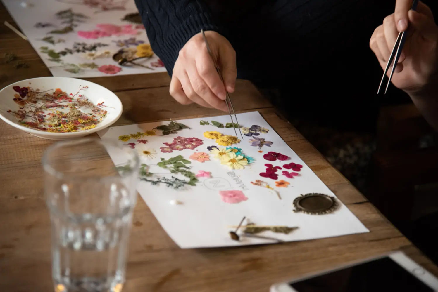 Dried flowers, arranging colorful pressed flowers on paper, tweezers.