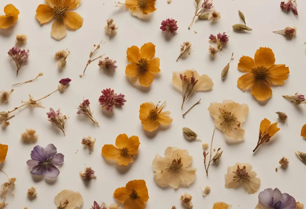 Dried flowers, various colors, on white background.